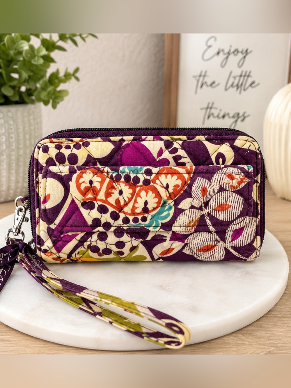 Vera Bradley Quilted Cotton Zip Around Wallet Wristlet Purple Floral Organizer